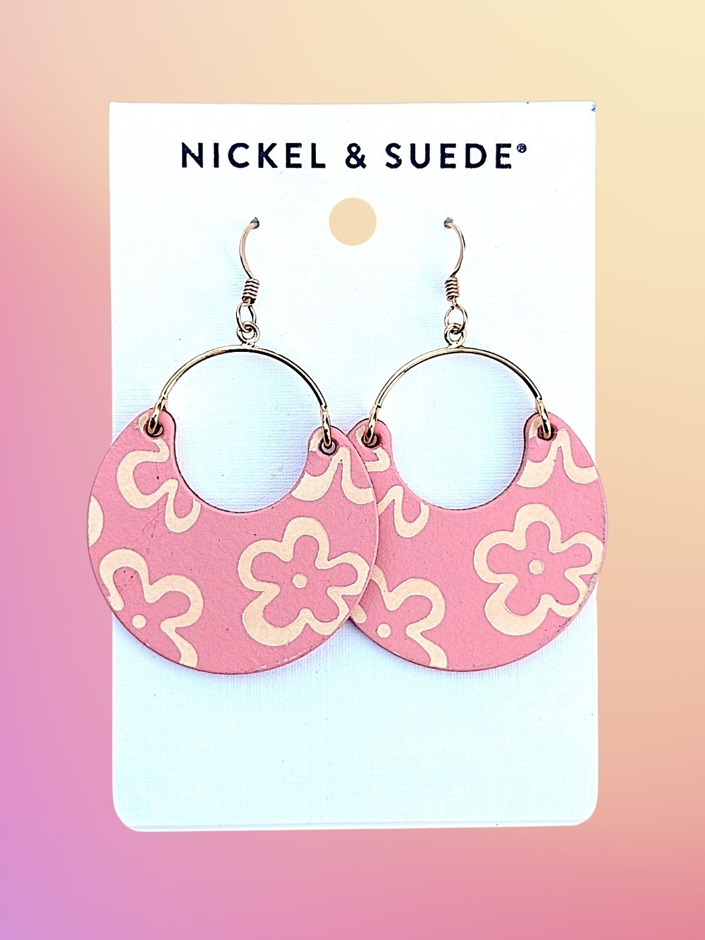 NEW Nickel & Suede Pink Floral Hoop Drop Earrings
